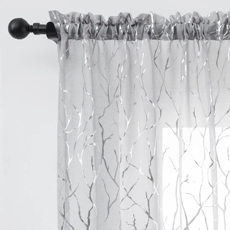 FINECITY Silver Grey Sheer Curtains for Bedroom - Metallic Silver Sparkle Sheer Curtains 63 Inch Length Rod Pocket Sheer Window Curtains Short Printed Twig Pattern, 52 x 63 Inches, 2 Panels, Gray - Image 1